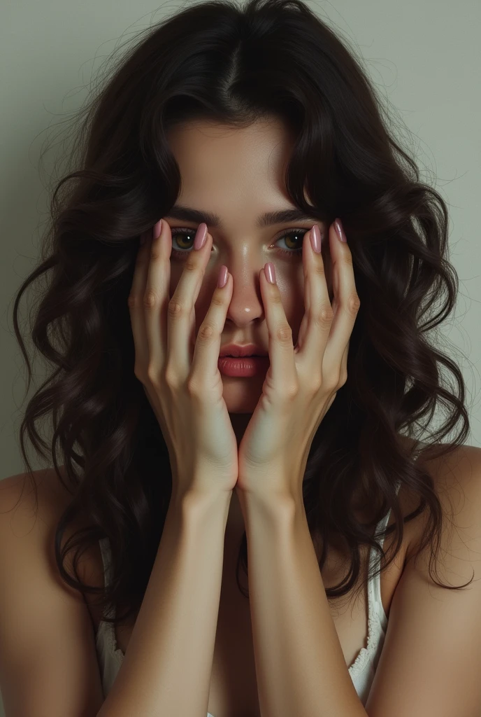 woman with dark brown wavy hair, covering her face dramatically with her hands