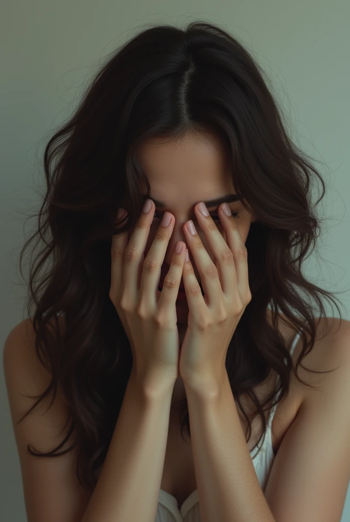 woman with dark brown wavy hair, covering her face dramatically with her hands