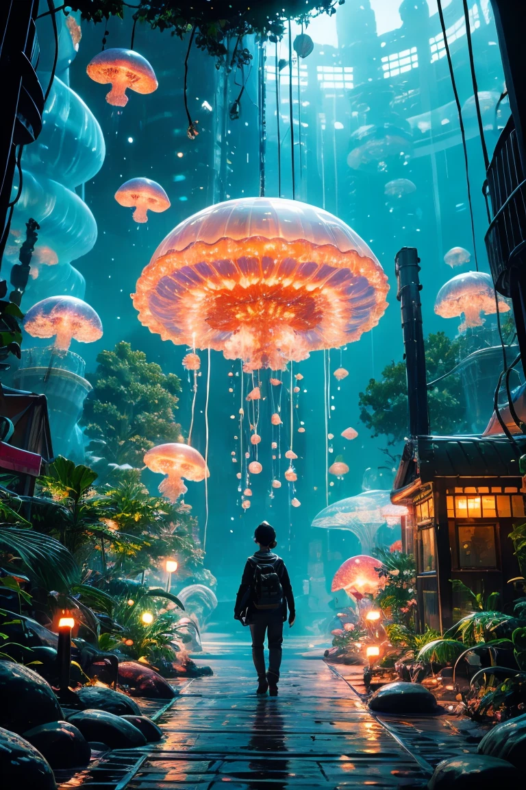 A city made of jellyfish, Extraterrestrial jellyfish, Space Jellyfish, (Highest quality,4K,8k,High resolution,masterpiece:1.2), Very detailed, (Realistic,photoRealistic,photo-Realistic:1.37), Vibrant colors, Surrealistic lighting, Surreal atmosphere, glowing tentacles, Transparent objects, Floating in the sky, structures in water, Bioluminescent organisms, Dreamy environment.