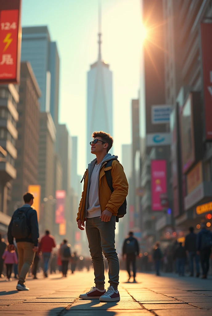A TOURIST IN THE FOREGROUND, in the city, natural light, realistic photo.