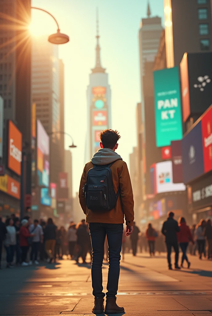 A TOURIST IN THE FOREGROUND, in the city, natural light, realistic photo.