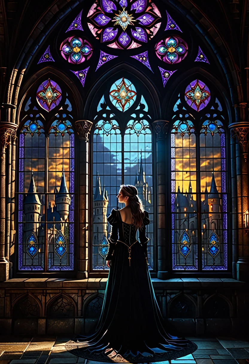 1girl, fantasy medieval castle, dark fairytale, demonic fairy, dark magic, ornate gothic architecture, ornate stained glass windows, magical moonlight, dramatic chiaroscuro lighting, moody color palette, deep shadows, detailed intricate textures, (best quality,4k,8k,highres,masterpiece:1.2),ultra-detailed,(realistic,photorealistic,photo-realistic:1.37),cinematic composition,dramatic lighting