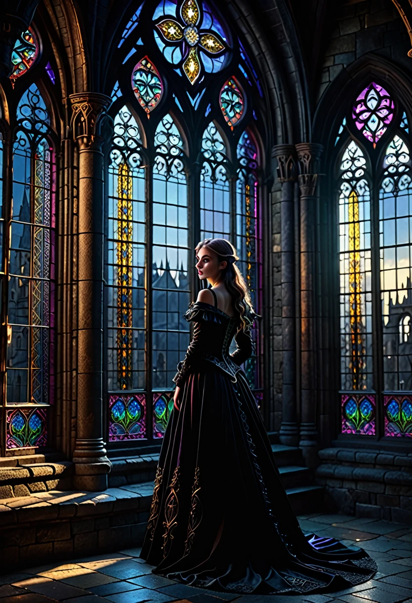 1girl, fantasy medieval castle, dark fairytale, demonic fairy, dark magic, ornate gothic architecture, ornate stained glass windows, magical moonlight, dramatic chiaroscuro lighting, moody color palette, deep shadows, detailed intricate textures, (best quality,4k,8k,highres,masterpiece:1.2),ultra-detailed,(realistic,photorealistic,photo-realistic:1.37),cinematic composition,dramatic lighting