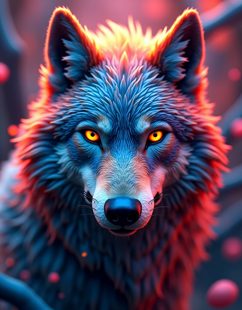 Wolf face 3d design, colourful, multiple colours, vibrant colours,