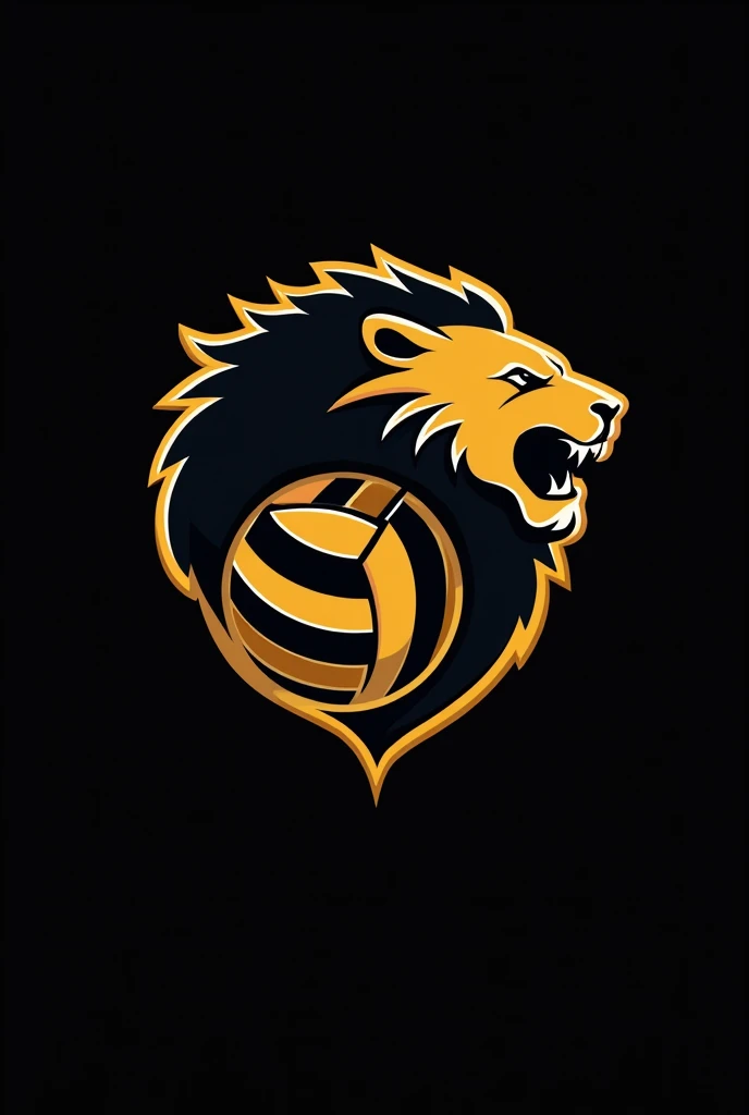 Create a logo for a volleyball team that is black and has a volleyball in the middle and contains a gold and black lion 