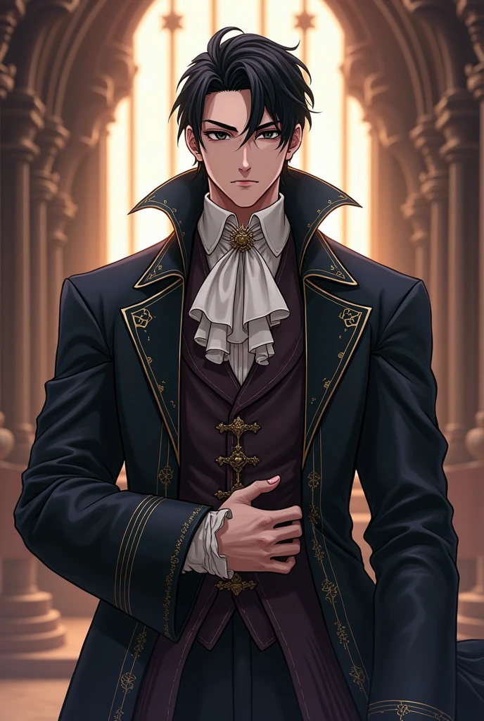 27 year old white anime guy with blue lock art, Black hair with a side part and a small volume, Forward at eye level, Dressed in the costume of an ancient English nobleman, Ancient story machine, Handsome face., An indifferent expression with black eyes., Have a strong and well-defined body., An unattractive full-body front view
