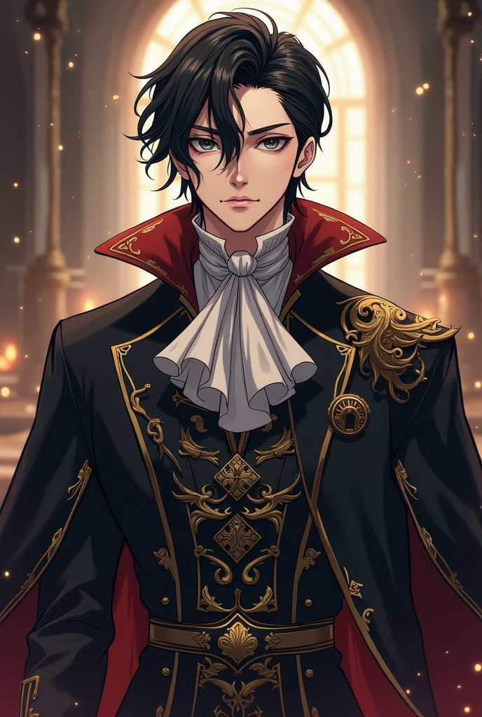 27 year old white anime guy with blue lock art, Black hair with a side part and a small volume, Forward at eye level, Dressed in the costume of an ancient English nobleman, Ancient story machine, Handsome face., An indifferent expression with black eyes., Have a strong and well-defined body., An unattractive full-body front view