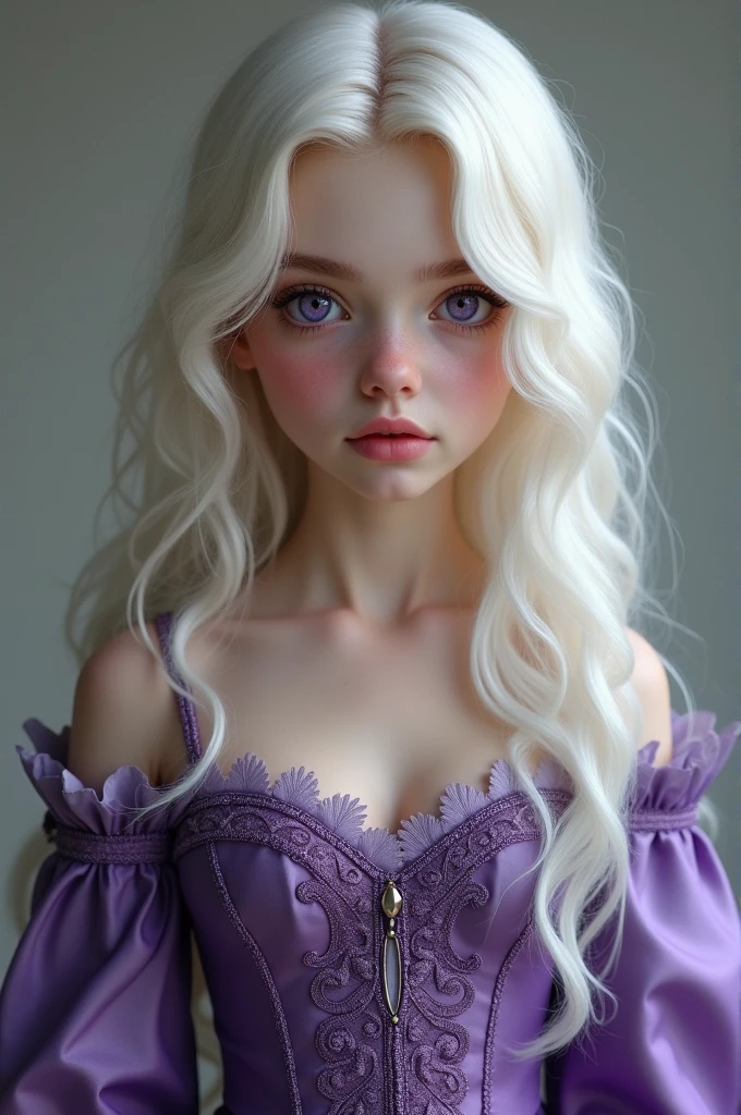 A girl of 1.65cm, platinum wavy hair down to the knees, purple eyes and white skin. Dressed in a purple Victorian dress.