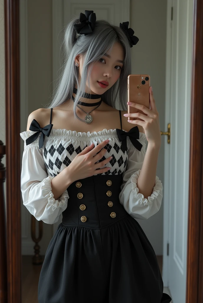 highly detailed, beautiful, hyper Realistic girl, masterpiece, best quality, Depict a mysterious and sophisticated beautiful Japanese gravure model,, 28-years-old, identity hidden, all body shot, / gray arranged hair, small head, Detailed face, cute and Pretty slim face, wide Duck mouth, perfect beautiful Tooth, arranged gray hair, shiny eyes, blue-colored eyes, Realistic skin, Detailed face, sexy Pierrot Costume with cool girly taste, Opt for a fitted corset bodice with black and white diamond patterns, accentuating the waist, Layer with a ruffled, off-the-shoulder blouse in contrasting black and white hues, adorned with oversized bows for a whimsical touch, Pair with high-waisted black Leggings, featuring exaggerated ruffles or pleats for added volume and drama, Accessorize with black and white striped stockings or tights, and patent leather ankle boots with oversized buckles for a modern twist on classic clown footwear, //// Monotone simple modern taste single room, mirror, complicated background /// takes a selfie in her room using a smartphone in front of a mirror with one hand, standing and fashion model Posing, looking away from the camera,