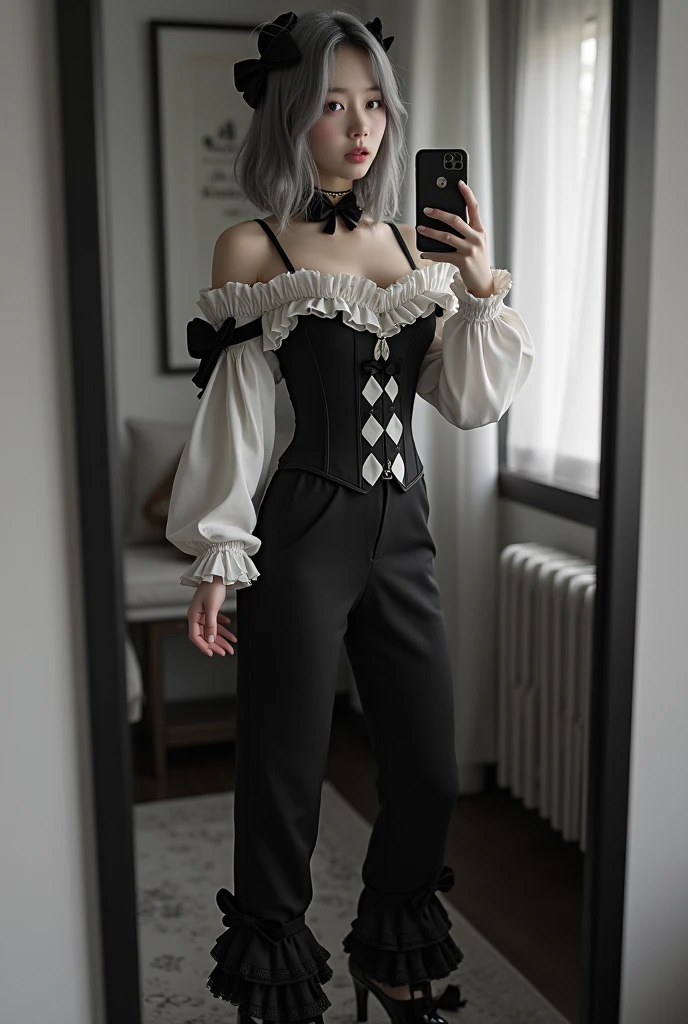 highly detailed, beautiful, hyper Realistic girl, masterpiece, best quality, Japanese sexy gravure Instagrammer, 28-years-old, identity hidden, all body shot, , takes a selfie in her room using a smartphone in front of a mirror with one hand, fashion model Posing, standing, looking away from the camera, /// gray arranged hair, light color eyes, Realistic skin, Detailed face, /// sexy Pierrot Costume, Opt for a fitted corset bodice with black and white diamond patterns, accentuating the waist, Layer with a ruffled, off-the-shoulder blouse in contrasting black and white hues, adorned with oversized bows for a whimsical touch, BREAK Pair with high-waisted black pants, featuring exaggerated ruffles or pleats for added volume and drama, Accessorize with black and white striped stockings or tights, and patent leather ankle boots with oversized buckles for a modern twist on classic clown footwear, arranged gray hair, /// Monotone simple modern taste single room, mirror, complicated background