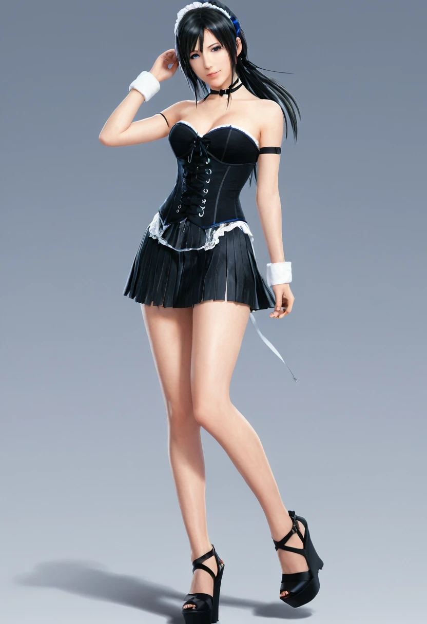 ((ultra detailed, masterpiece, best quality)) FF8Rinoa, 1girl, solo, single braid, blue eyes, black hair, white hairband, black choker, medium Breasts hanging, black corset strapless sexy, white sexy miniskirt, sexy long legs, black platform high heels wedges,  full body shot 