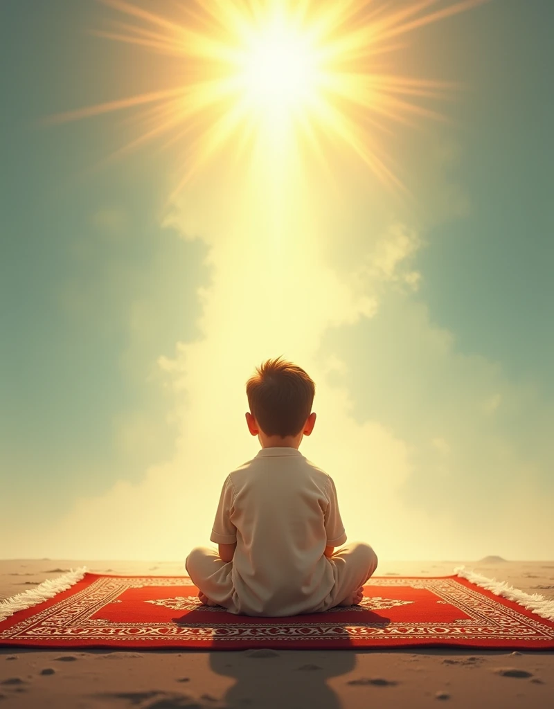 Make me the image on book title in religion Islam " what makes us pray".in image show me the child sitting on the prayer carpet and the sun is shining above