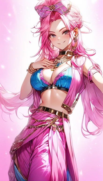 A smug narcissistic pink haired woman wearing a pink bra and blue pants and lots of jewelry flaunting herself