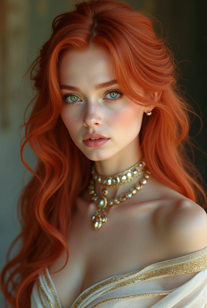 uzumaki_kushina, large_breasts, red long hair, green eyes,standing, solo, ponytail,, masterpiece, best quality, detailed face, detailed eyes, highres,ultra realistic 8k cg, picture-perfect face, flawless, clean, masterpiece, professional artwork, famous artwork, cinematic lighting, cinematic bloom, Best quality, masterpiece, high resolution, 1girl, clear silk porcelain dress, beautiful face, hair accessories, looking at the audience, smiling, close your mouth, Full body portrait of a beautiful ethereal woman, her very long gold hair cascading down in soft waves, framing a face of extreme detail and elegance. Her eyes, big and colorful, boast three gradient silver shades of eyeshadow and eyeliner, accentuating her double eyelids and long lashes. Rosy cheeks adding a touch of warmth to her ethereal beauty, and her skins glossy texture shines in the cinematic light, highlighting each and every realistic pore and Wrinkle. Full lips adorned with golden glitter on her silver lipstick, complementing the gold and silver jewels she wears around her neck and wearing a scarf,she is the elemental goddess of Gold,Goddess makeup,perfect anatomy,perfect proportion,long legs,super model figure,36-24-36,golden ratio, 8k UHD, DSLR, soft light, high quality, volumetric lighting, photo, high resolution 4K, 8k, blurred background