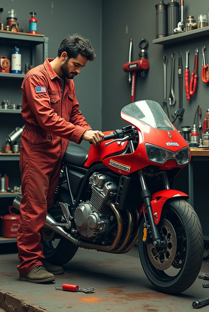 Picture of a person in a Honda motorbike repair shop
