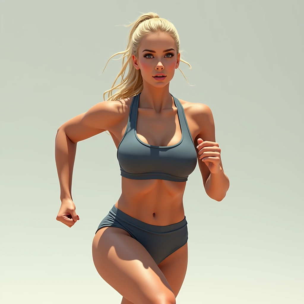 super realistic blonde woman, sexy look, and with big ass and big boobs doing the running sport with her hair tied up