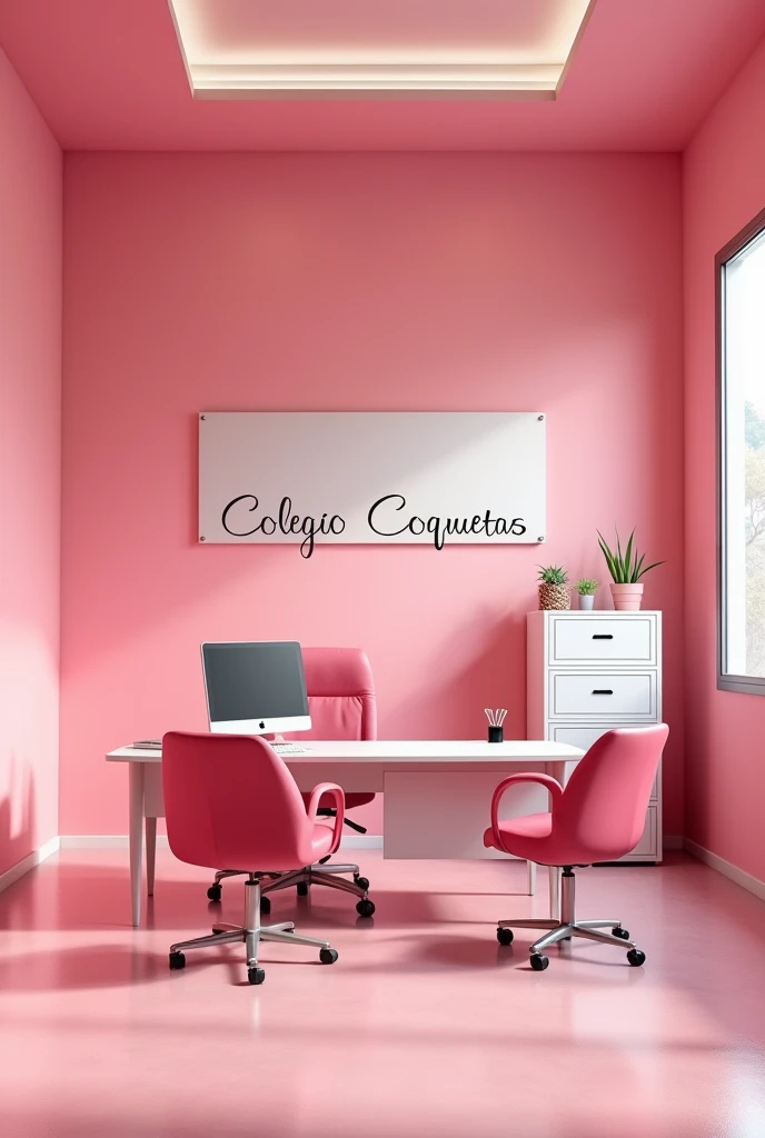 (photorealism:1.2) Empty pink school principal office. The main desk has a desktop computer. There's a files furniture on the right side of the deck, There are two smaller pink leather chairs facing the main desk. There's a big sign that reads "Colegio Coquetas" on the wall behind the school principal's main desk.