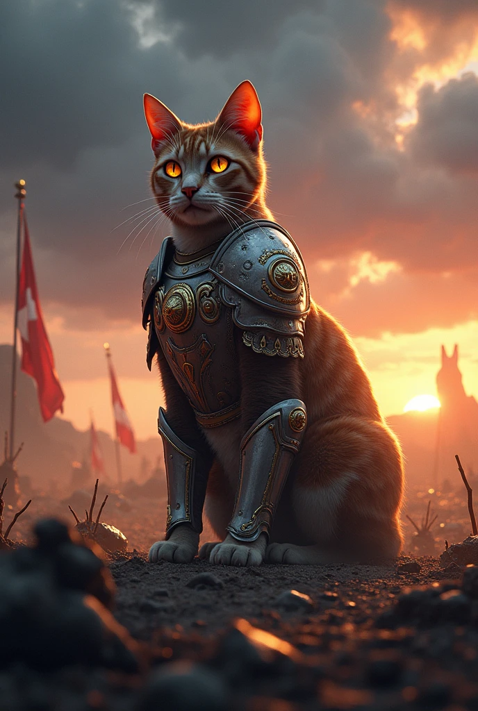 Picture a majestic cat standing defiantly on a battle-scarred battlefield. The cat, adorned in intricately designed armor with gleaming gold and silver accents, exudes a regal and battle-ready aura. Its eyes are sharp and determined, reflecting the fiery orange and red hues of a setting sun that casts long shadows over the landscape. The background features a dramatic sky with dark, swirling clouds and distant flashes of lightning, enhancing the cat's imposing presence. Scattered around are remnants of past skirmishes—broken weapons, tattered banners, and fallen foes—adding to the scene's intensity and drama. 4K 