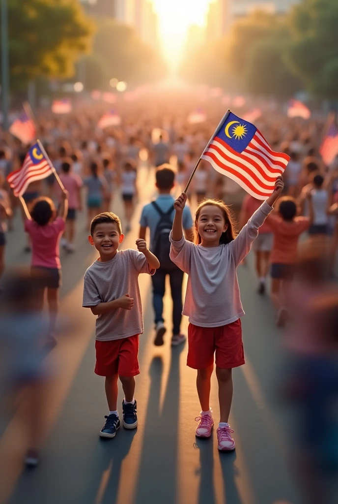 a young boy and girl holding miniature malaysia flags, tilf shift photography, all people running quickly, one person standing still in the center, detailed faces, highly detailed, 8k, photorealistic, vibrant colors, dramatic lighting, cinematic composition