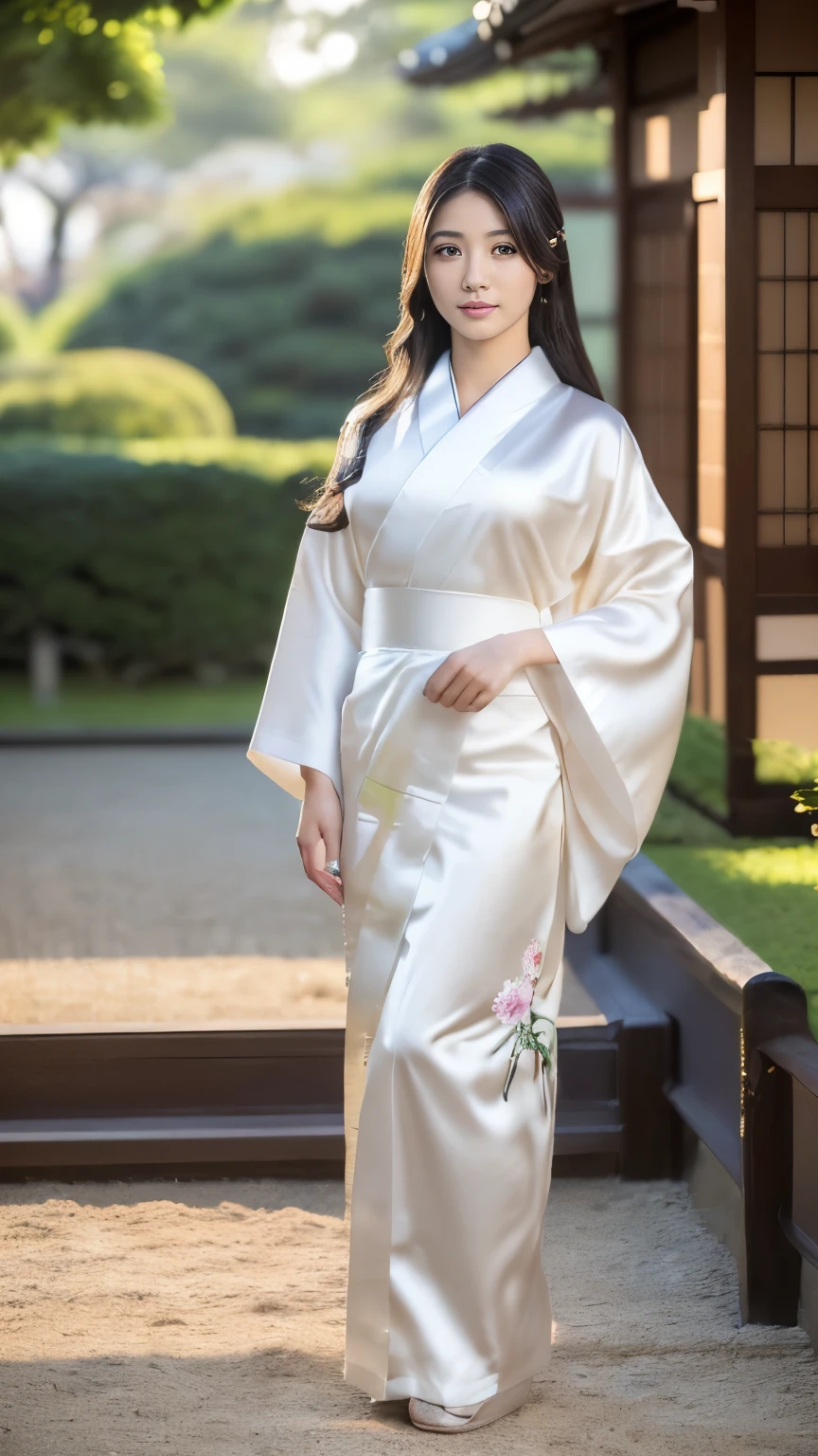 Front view , ((Full-body, standing on garden), a Japanese ancient girl, looking at viewer, girl is 20 years old, (Highly detailed face, Black  long hair ,Brown eye, Variegated eyes, Fuller lips, little Lips, serious, hair decoration), (middle breasts, middle hip), (Japanese beautiful white silk kimono, below flower pattern), standing in Japanese Palace, night, sunset , ((Surrealism, Verism, UHD, retina, masterpiece, anatomically correct, accurate, textured skin, super detail, high details, high quality, best quality, highres, 8k))
