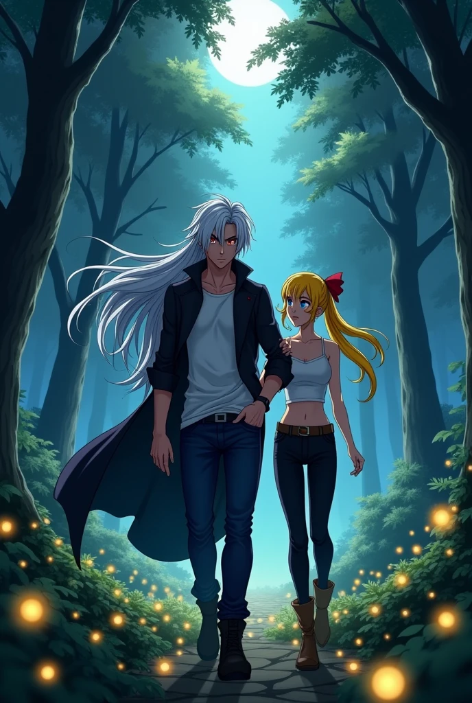 Man with long white hair,Red eyes,white sleeveless shirt,long black jacket,dark blue denim jeans,black boots next to a woman with long yellow hair tied with a red ribbon,blue eyes,white cropped sleeveless t-shirt,black pants stuck to his legs,Brown boots,Walking together through a forest at night lit by fireflies(with the woman romantically holding on to the man's arm)(anime style/dragon ball)