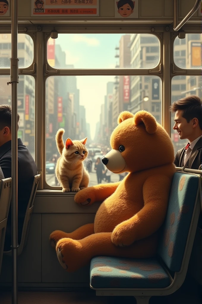 Deddy and cat travel in bus