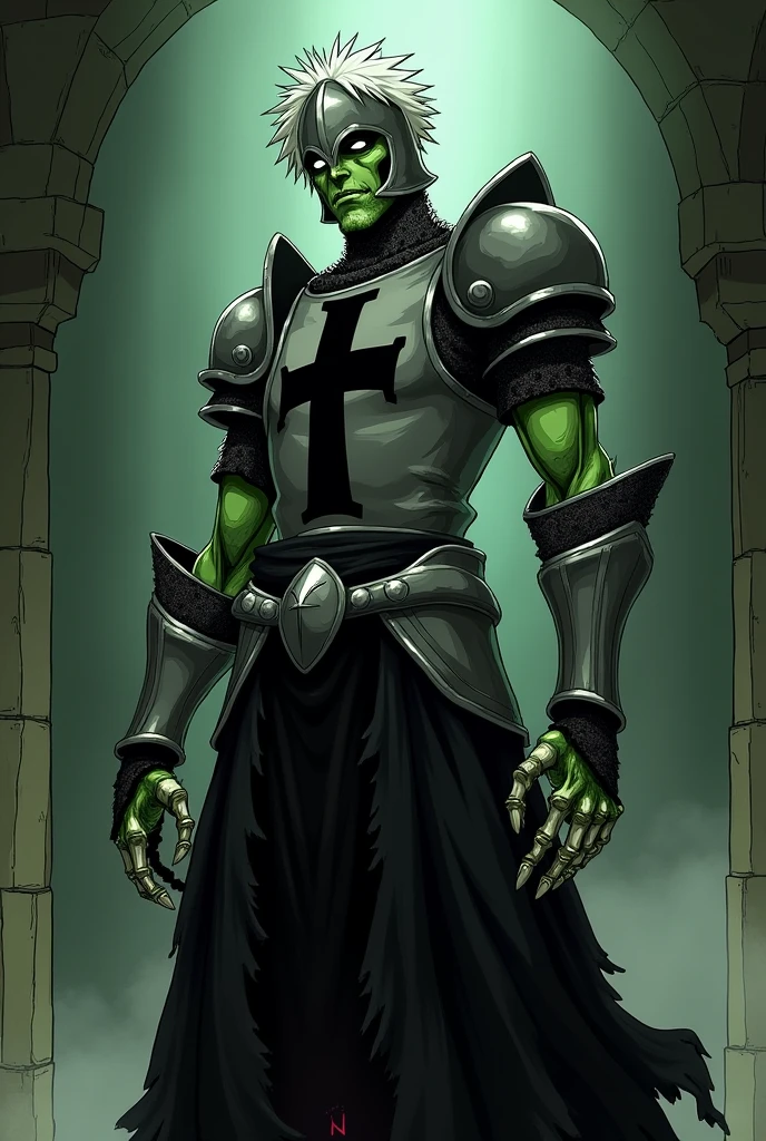 Illustrate a zombie knight named Mr. Fear in the art style of Bleach. He has green skin with a single black left eye and a hole in his left cheek. His white, messy hair reaches his shoulders. Mr. Fear wears a medieval helmet with a cross-shaped visor. He dons a dark gray shirt with a large black cross in the center, and his forearms are armored. His left hand has skeletal fingers, and he wears a tattered black tunic. His lower body is armored, and a ragged black cape flows down to his ankles