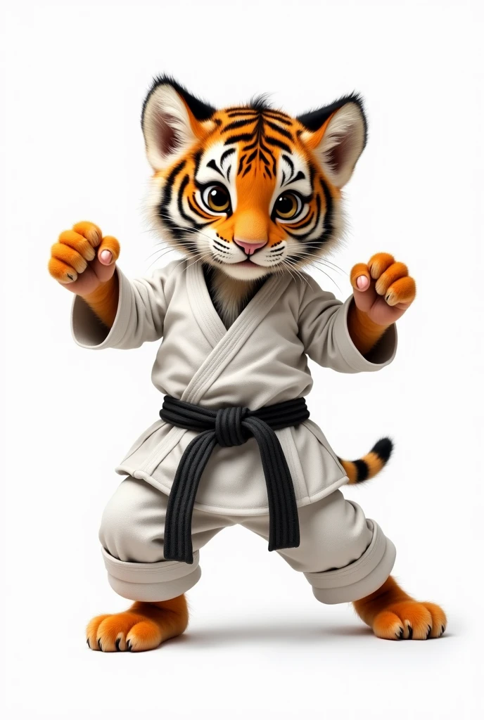 tiger cub in karate costume on white background