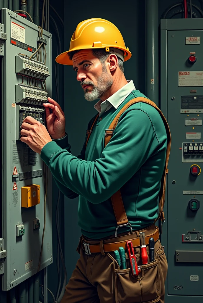 Drawing of an electrician in a green sweater