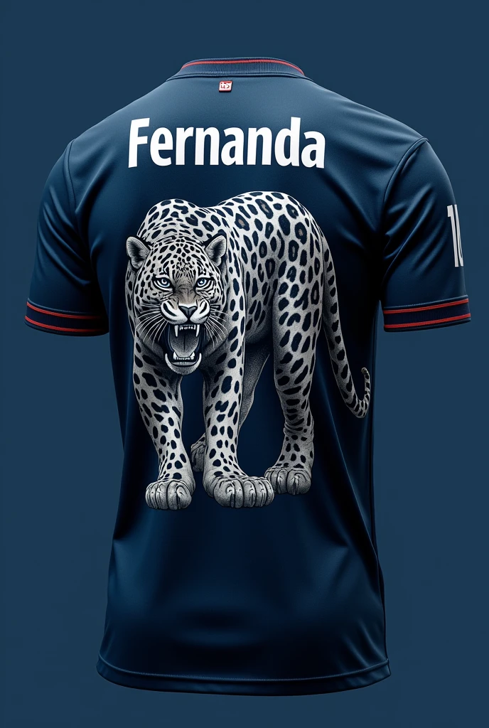 Dark blue football shirt Details :drawing of a large jaguar on the back of the shirt with the number 10 in black above and the name Fernanda below