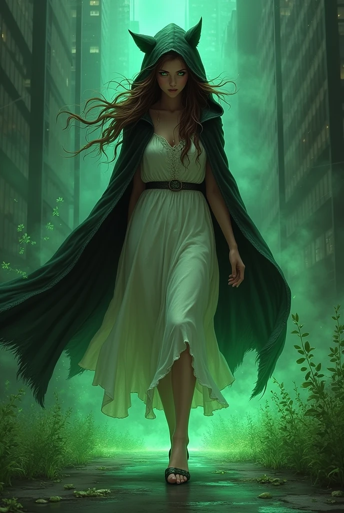 Wild werewolf woman with green eyes and long, unruly brown hair,  wears a simple white dress to the knees and a cape with a black hood.. She walks through the city at night, Wherever she steps, small plants grow in the concrete,  the woman emanates a green spiritual energy.