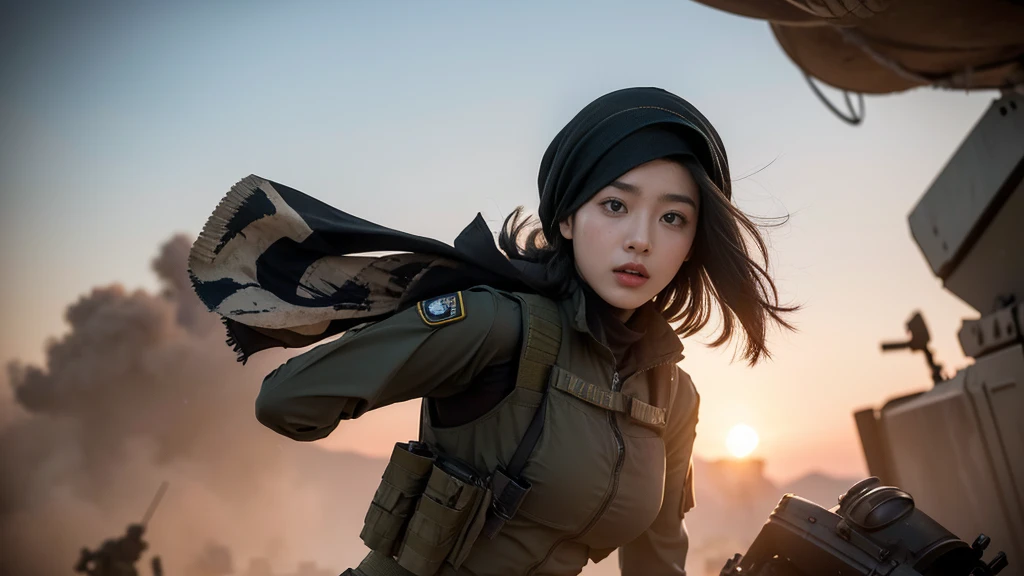 **Instructions:** *A striking scene of a 25-year-old Korean female soldier wearing a hijab color black , with a determined expression on her face, stands in the middle of a chaotic battlefield. She is dressed in tactical military gear, complete with khaki fatigues, a utility vest, and fingerless gloves. Her elegant hijab adds a sense of movement to the image. The soldier holds a modern black assault rifle close to her chest, her grip firm and ready. Behind her, the remains of battle are visible, with thick plumes of smoke billowing into the sky and damaged military vehicles scattered around her. The background conveys a sense of urgency and tension, as if a fierce battle is taking place. The lighting is natural, with the sun casting a harsh light, highlighting the dust and debris in the air. The overall mood is intense, capturing the raw emotions of a soldier in the heat of battle.*Opening Scene:** *Zoom in on the female soldier as she walks steadily through the battlefield, her eyes scanning the surroundings. The camera follows her in slow motion, capturing the intensity in her eyes. The sound of distant explosions and gunfire blend with the beginning of a powerful, emotional rock ballad.*
