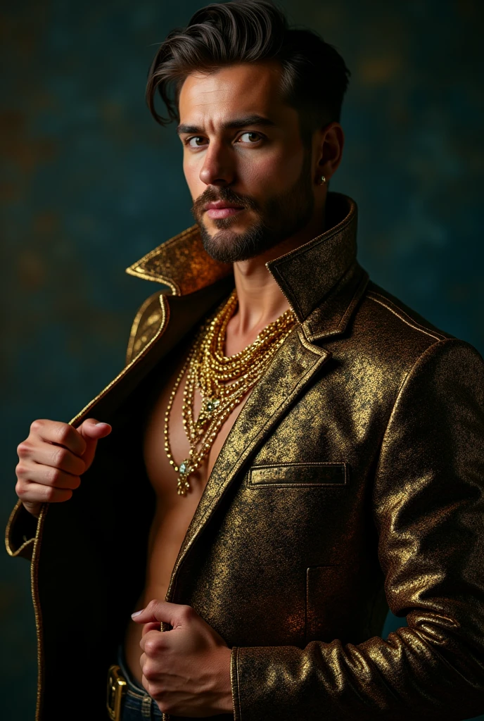 (Inspired by: Tomasz Jedruszko), A man wearing flashy gold jewelry, flamboyant clothing, detailed fashion, dramatic pose, dynamic lighting, hyper-realistic, cinematic, striking colors, vibrant, moody, high contrast, Superb composition，Elegant simplicity，meditative mood，(masterpiece), best quality, 