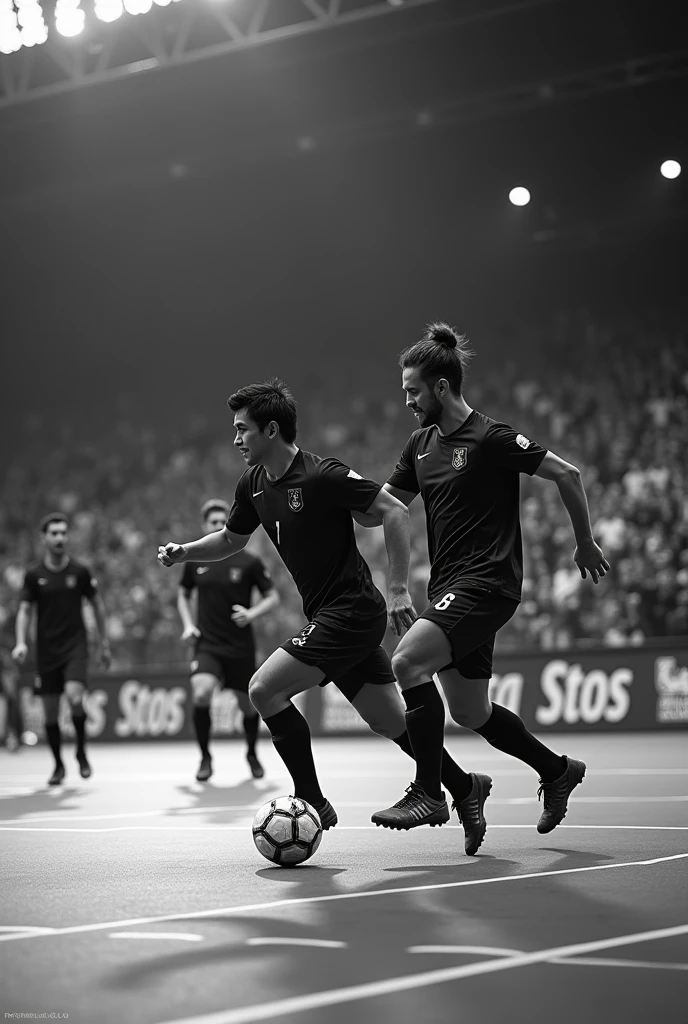 I want a professional image of a friendly futsal match in shades of black