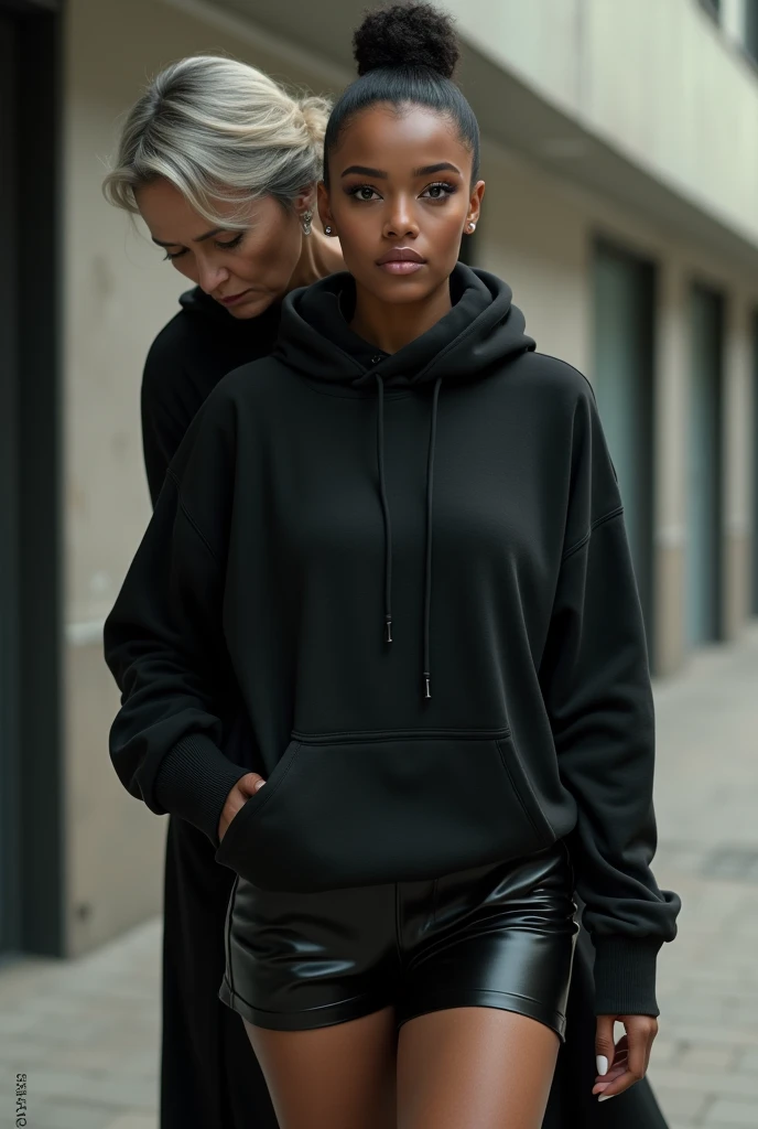 black woman hair in a bun black hoodie black leather short shorts a old grandma in a dress on her knees kissing her ass behind her