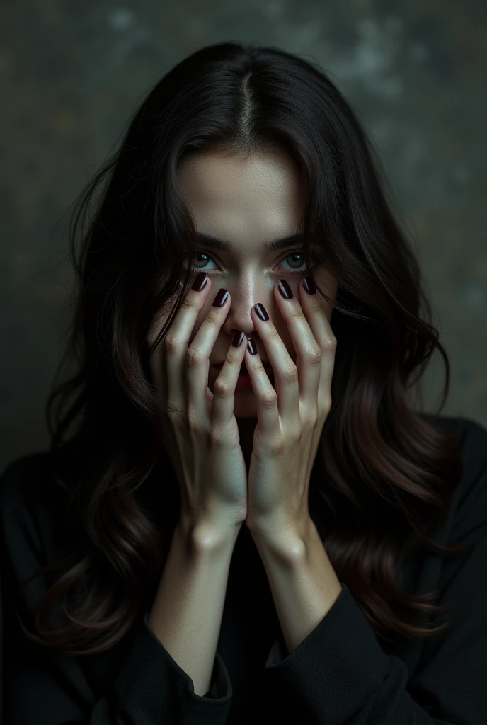 woman with dark brown wavy hair, covering her face dramatically with her hands dark atmosphere 