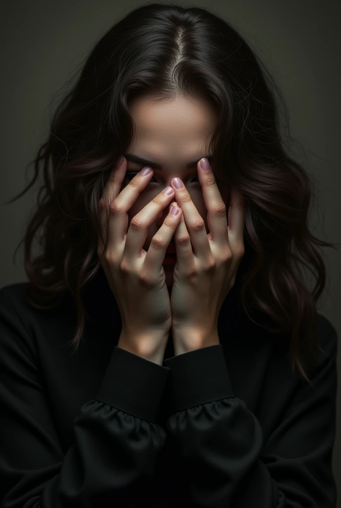 woman with dark brown wavy hair, covering her face dramatically with her hands dark atmosphere 