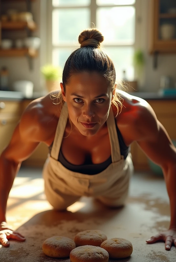 A baker doing calisthenics exercises