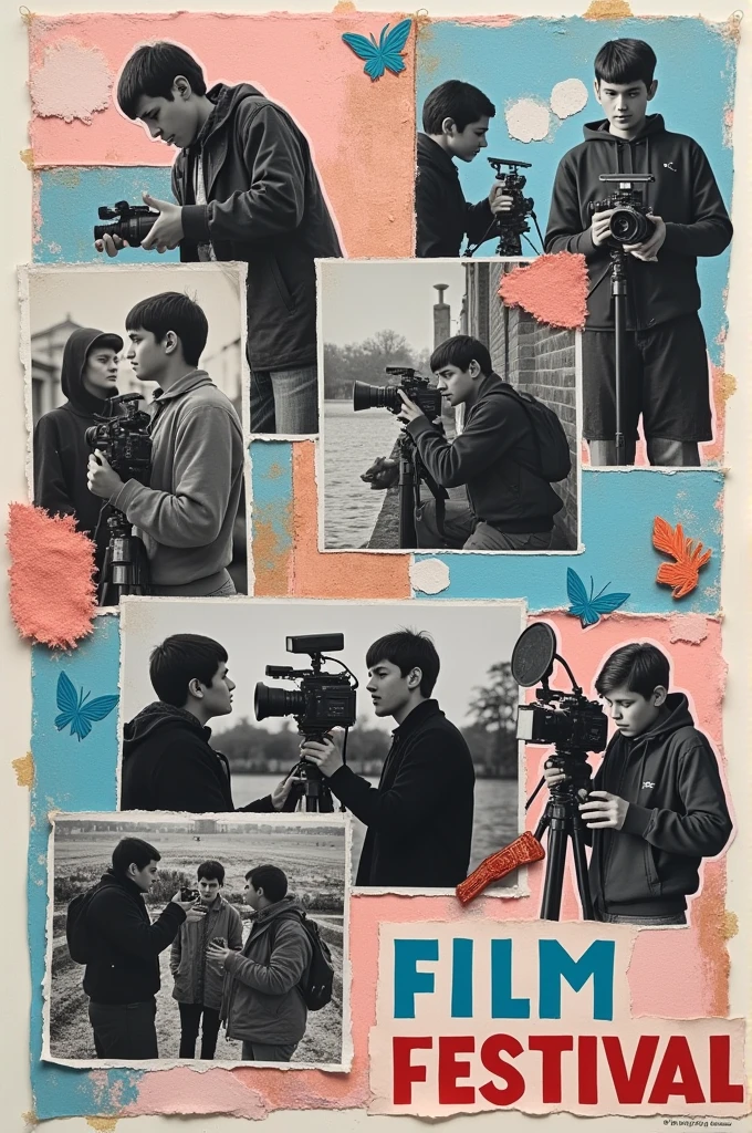 I have to creatively create a poster for a film festival, The theme is to intervene in history and requires using photos other than black and white of students making films., The photos are not related to each other and remain in black and white out of nostalgia.. I must use elements of intervention on the black and white photos, an official palette of pastel sky blue, pastel pink and a pastel copper color, They want me to intervene the images with different techniques and these colors, with crayons, figures embroidered on the image, Textures, collage, etc. The name of the film festival is FICUC.  I want you to create suggestions for the poster right now, Make it look handmade and remember that the poster is advertising a film festival.
