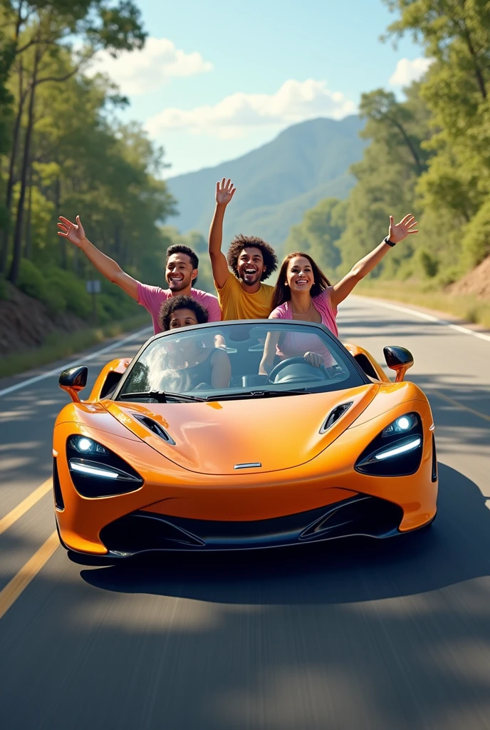Take me a picture of some happy people in a sports car