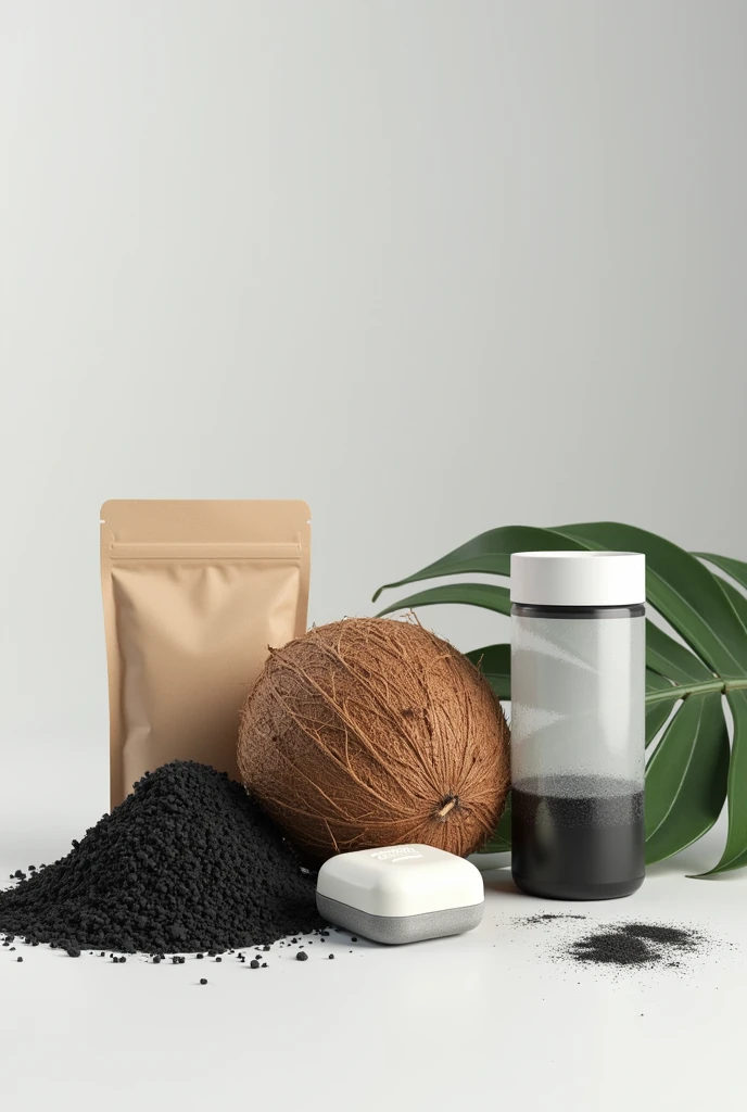 a coconut, Next to the coconut, a bag with activated carbon, accompanied by an activated carbon soap, and next to it a simple water filter with activated carbon ( an inverted bottle with layers of filter inside). Don&#39;t forget the soap and the water filter