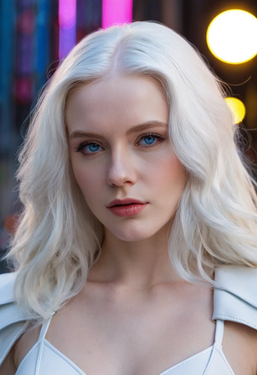 masterpiece, top quality, (One focus), (perfect face:1.1), (high detail:1.1),dramatic, (an alluring albino angel guy with long flowing pure white hair and piercing белые глаза),1 girl, (pale skin), long hair, Blue eyes, One, long hair, moon, night, white luxury leather, Coated navel, Plump lips, Coated, futuristic city, detailed background, Cinematic lighting by artgerm, roses and grapes, fashion, BalenciagaBikini Style