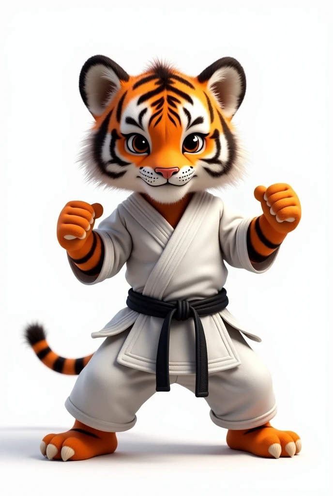 tiger cub in karate costume on white background