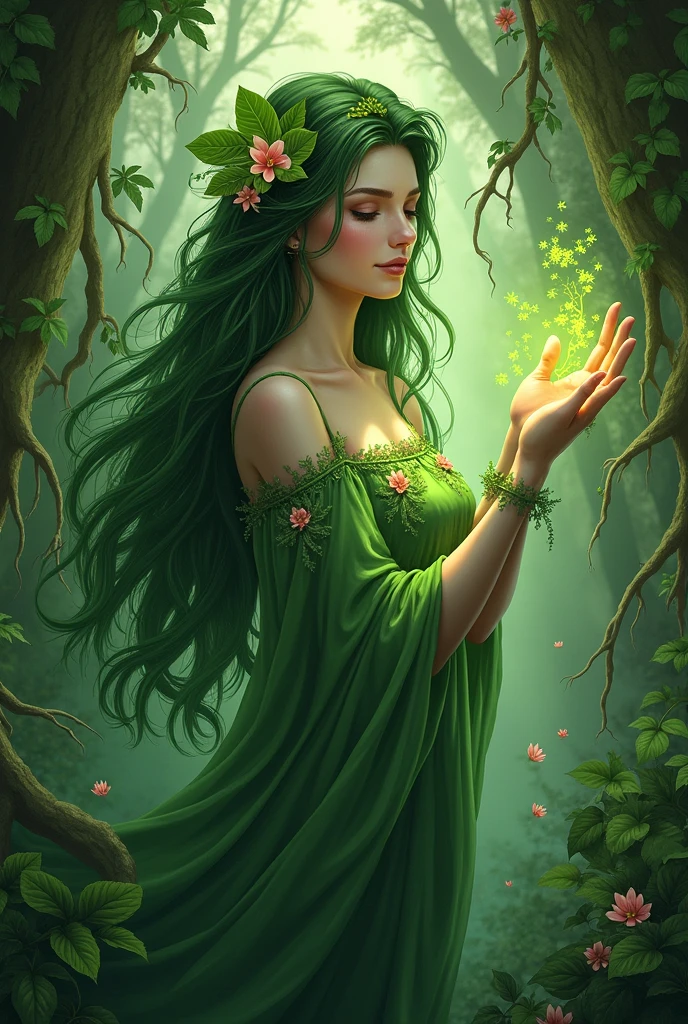 A woman in a forest, green hair with flowers in it, a green dress with flowers, and a kind of green magic creating plants and roots wrapping around your arms