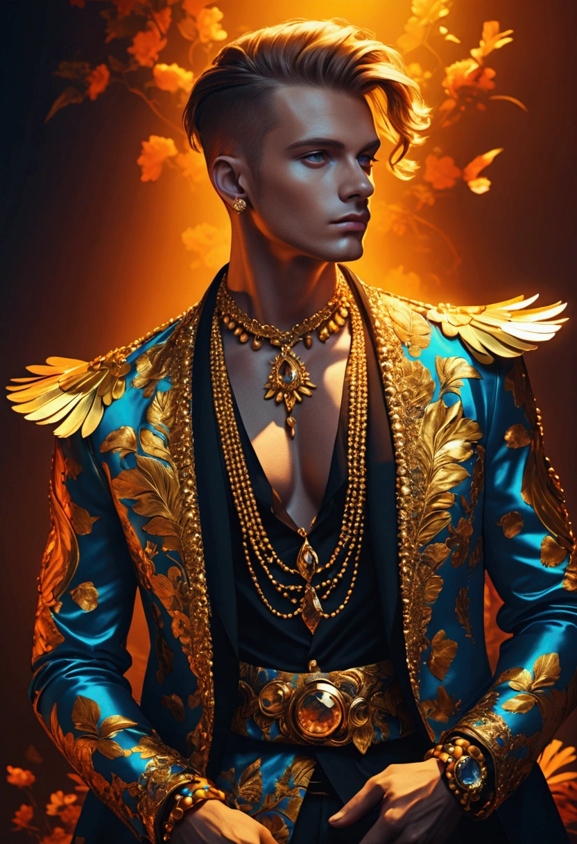 (Inspired by: Tomasz Jedruszko), A man wearing flashy gold jewelry, flamboyant clothing, detailed fashion, dramatic pose, dynamic lighting, hyper-realistic, cinematic, striking colors, vibrant, moody, high contrast