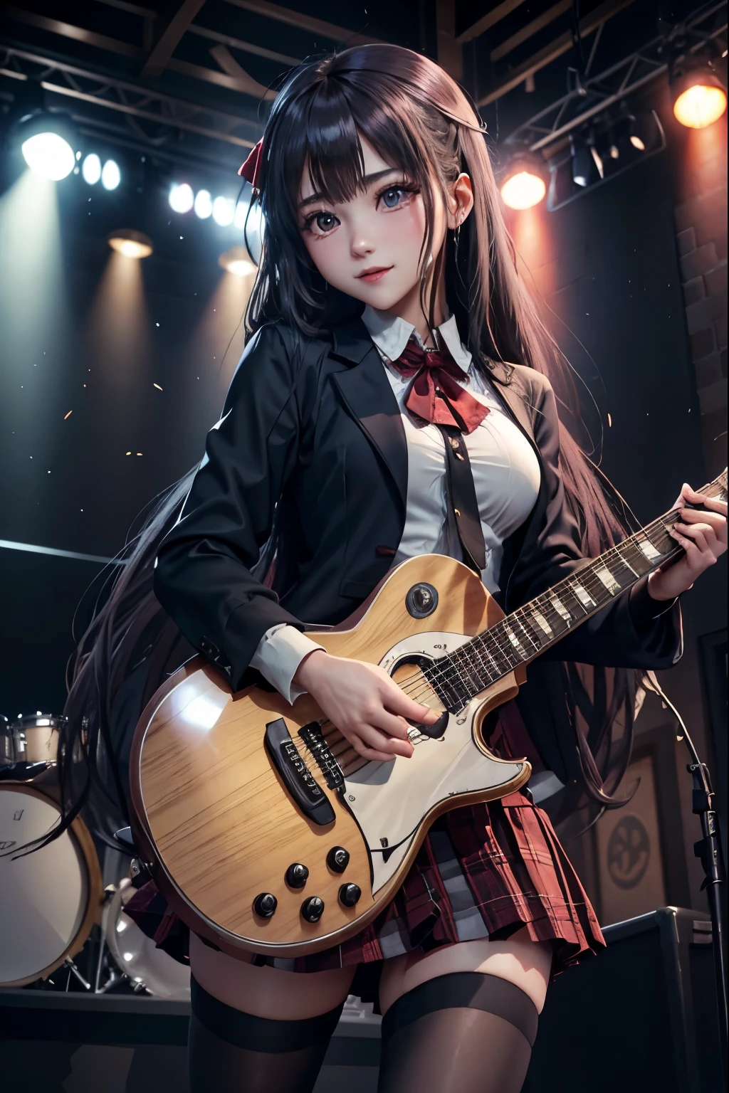 High school girl blazer、uniform、Red checked knee-length skirt、Long skirt、JK Style、Jacket、smile、Knee-high socks、Thigh-high socks、pantyhose、Extremely beautiful、Super cute、ennui、Rare Beauty、Dark black eyeshadow、sad、Skin radiance、Long Hair Straight Hair、Dark Gothic Makeup、Dark Smile、Fragrant beauty、Stained glass background、masterpiece、Highest quality、See 5 books、Sweat glistening on my chest、Sweat glistening on the face、Small breasts、2、Slightly slim、Mysterious look、Sad look、Mysterious Gothic Church、enchanting castle、Excessive sweating all over the body、Thighsに大量の汗と光、光沢のあるThighs、Thighs、Thighsに大量の汗が光る、sweat profusely、Gal、Small breasts、Japanese face、Captivating look、細いThighs、play the guitar、I have a guitar、Enthusiastic singing、バンドでplay the guitar、Playing guitar chords、Background of the live music venue、Sing a song、Open your mouth、Scenery of a live music venue、Mike stand、Glamorous live stage、Dynamic Angles、Vivid straight long hair、delicate straight hair、