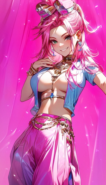 A smug narcissistic pink haired woman wearing a pink bra and blue pants and lots of jewelry flaunting herself