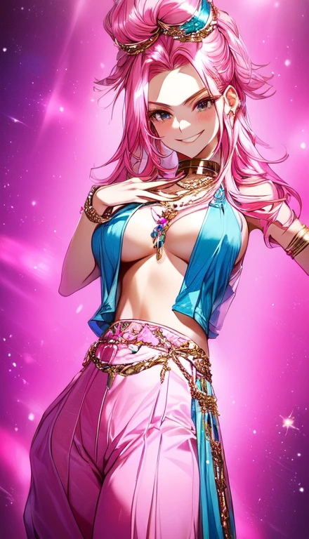 A smug narcissistic pink haired woman wearing a pink bra and blue pants and lots of jewelry flaunting herself