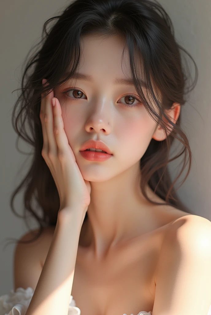 Pretty girl covered her face with her hand