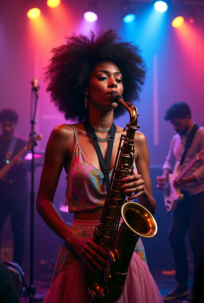 whole body, Afro hair female saxophone player, Colorful clothes , Peculiar, Vibrant appearance, Playful accessories, Creative Action, Imaginative, Sensual, Voluntary, Band members, Mixing Console, Music Clubs, Nightclub, Indie theater, People dancing on the dance floor々Background, Underground Dance Club, Highest quality, Skin Texture, Intricate details, (Cinema Lighting), RAW Photos, 8k